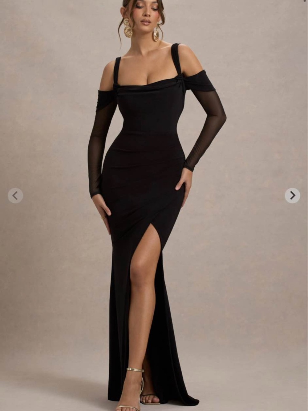 Club L London Black Off-Shoulder Long Sleeve Evening Gown with Sheer Sleeves